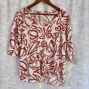 C&C California 100% Linen Elbow Sleeve Popover Top Abstract Print Size 1X